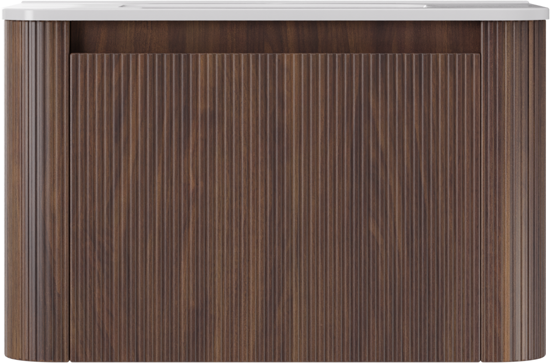 Storke Soft meuble salle de bains suspendu 80 x 46 cm noyer avec Kera Soft plan simple en porcelaine blanc brillant, Nervure droite symétrique verticale