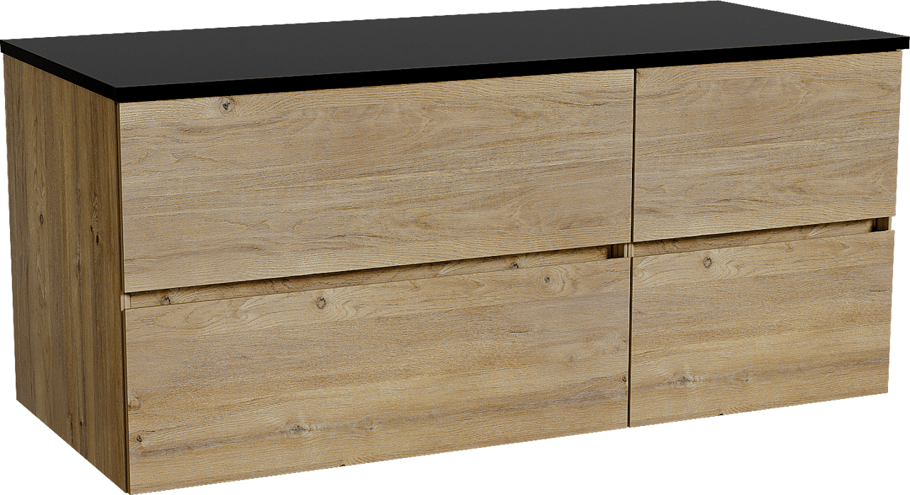 Storke Edge zwevend badmeubel 120 x 52 cm ruw eiken met Panton enkel of dubbel wastafelblad in gepoedercoate mdf mat zwart