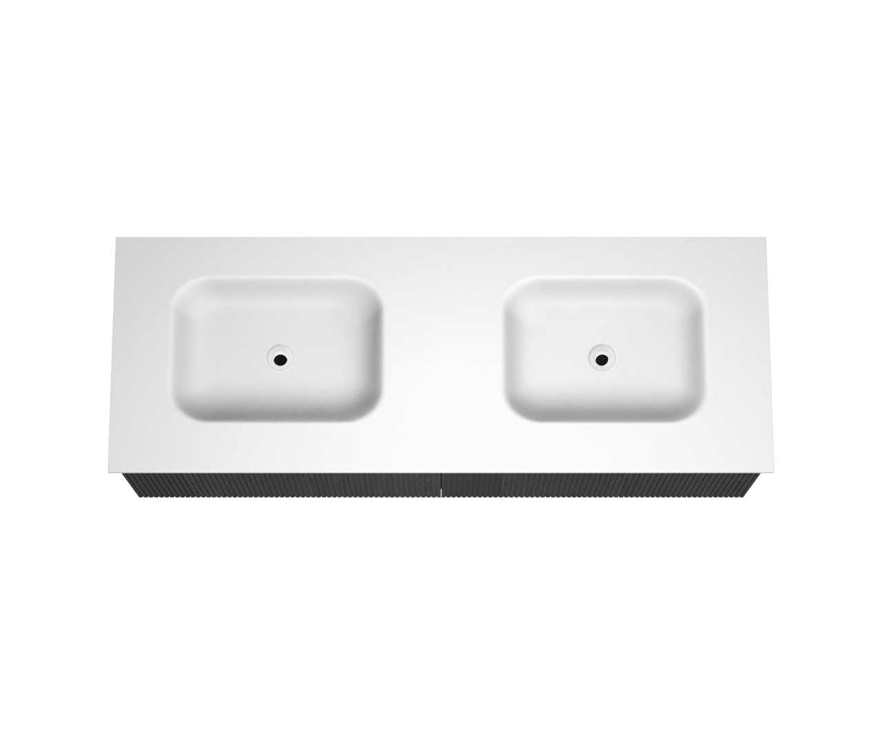 Balmani Forma zwevend badmeubel 150 x 55 cm zwart eiken met Tablo Arcato dubbele wastafel in solid surface mat wit Verticale symmetrische rechte ribbel