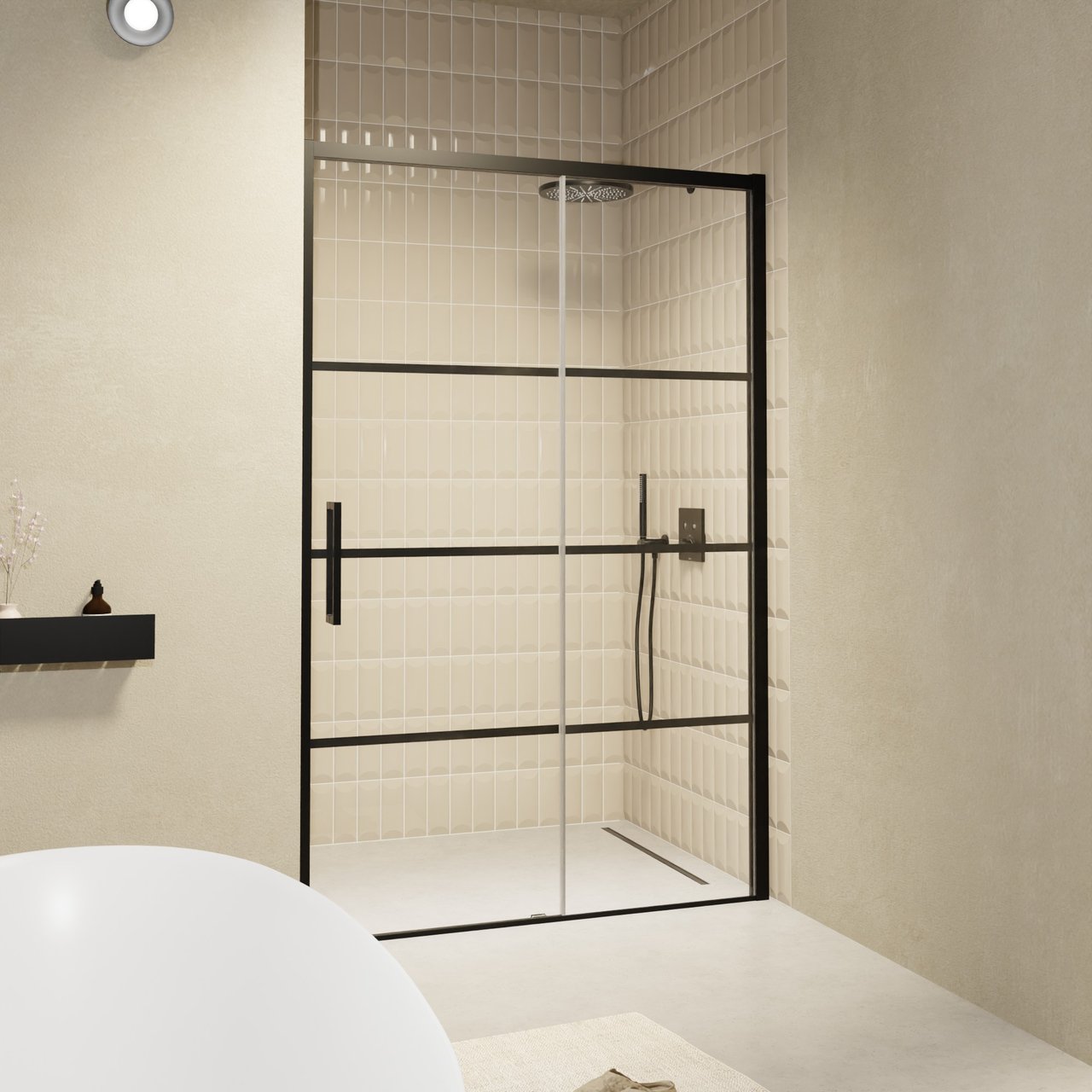 Balmani Senses Design douche schuifdeur rechts 160 cm x 210 cm Lined glas, Zwarte profielen