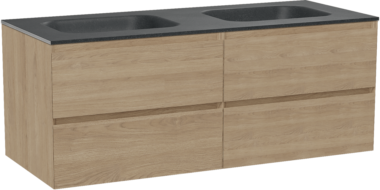 Balmani Mitra hängendes Möbelstück Set: 135 x 55 cm, Naturbelassene Eiche, mit Tablo Arcato Doppelwaschtisch, Schwarzes Granit