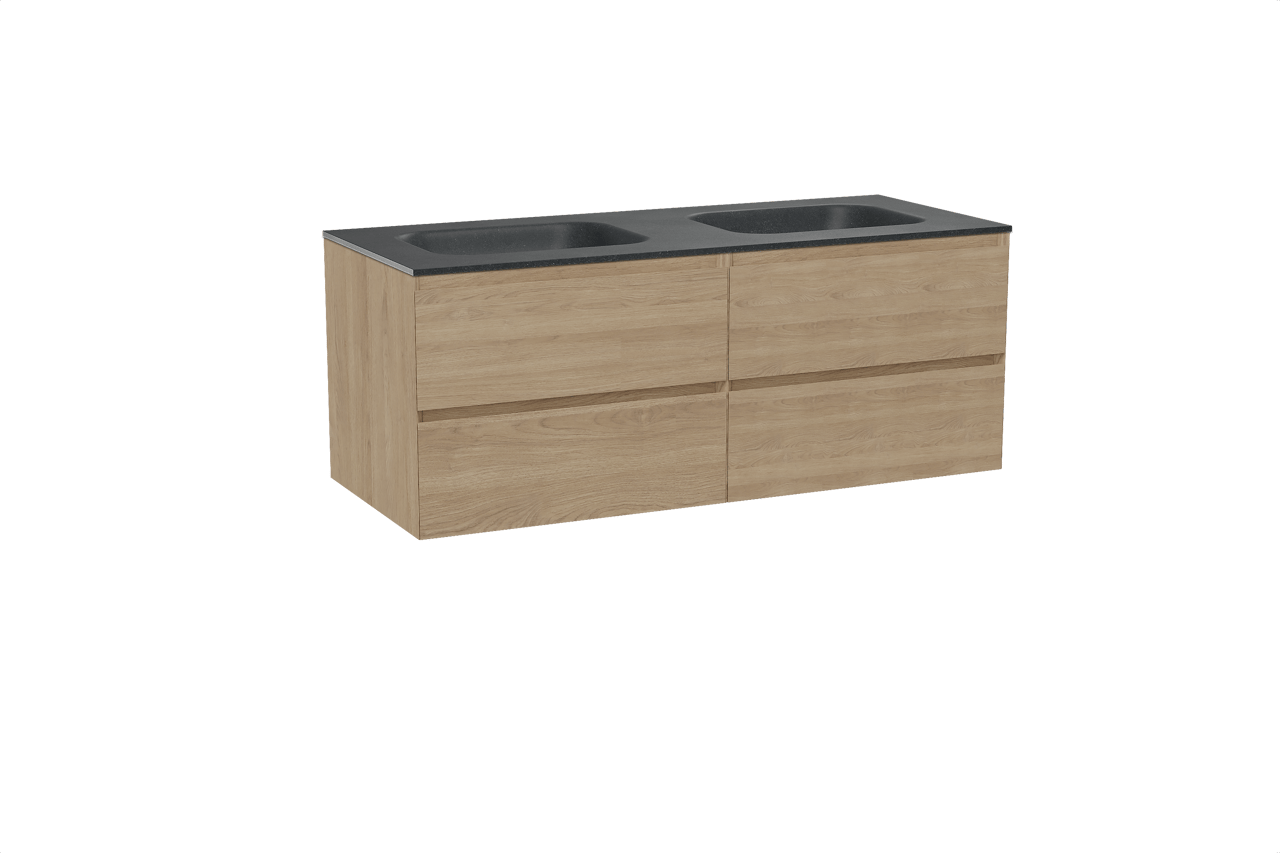 Balmani Mitra hängendes Möbelstück Set: 135 x 55 cm, Naturbelassene Eiche, mit Tablo Arcato Doppelwaschtisch, Schwarzes Granit