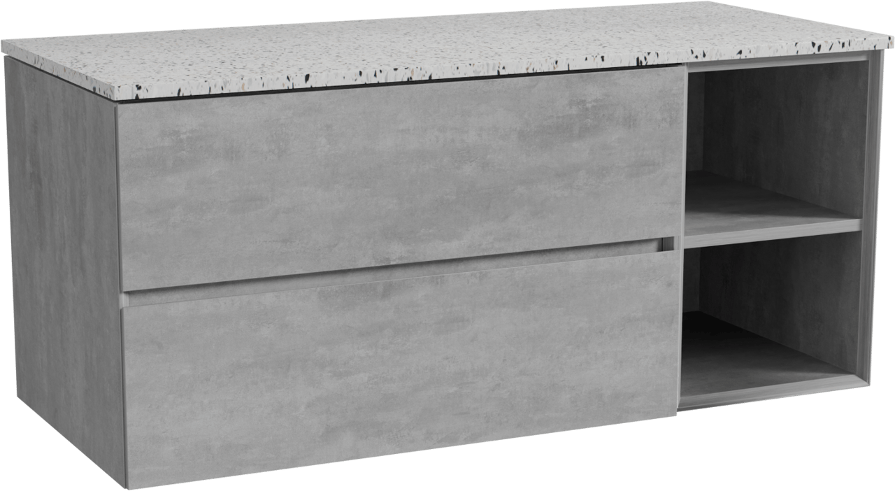 Storke Edge hängendes Möbelstück Set: 120 x 52 cm, Beton dunkelgrau, mit Tavola Einzel- oder Doppel Waschtischplatte, Terrazzo in Weiß/Schwarz matt