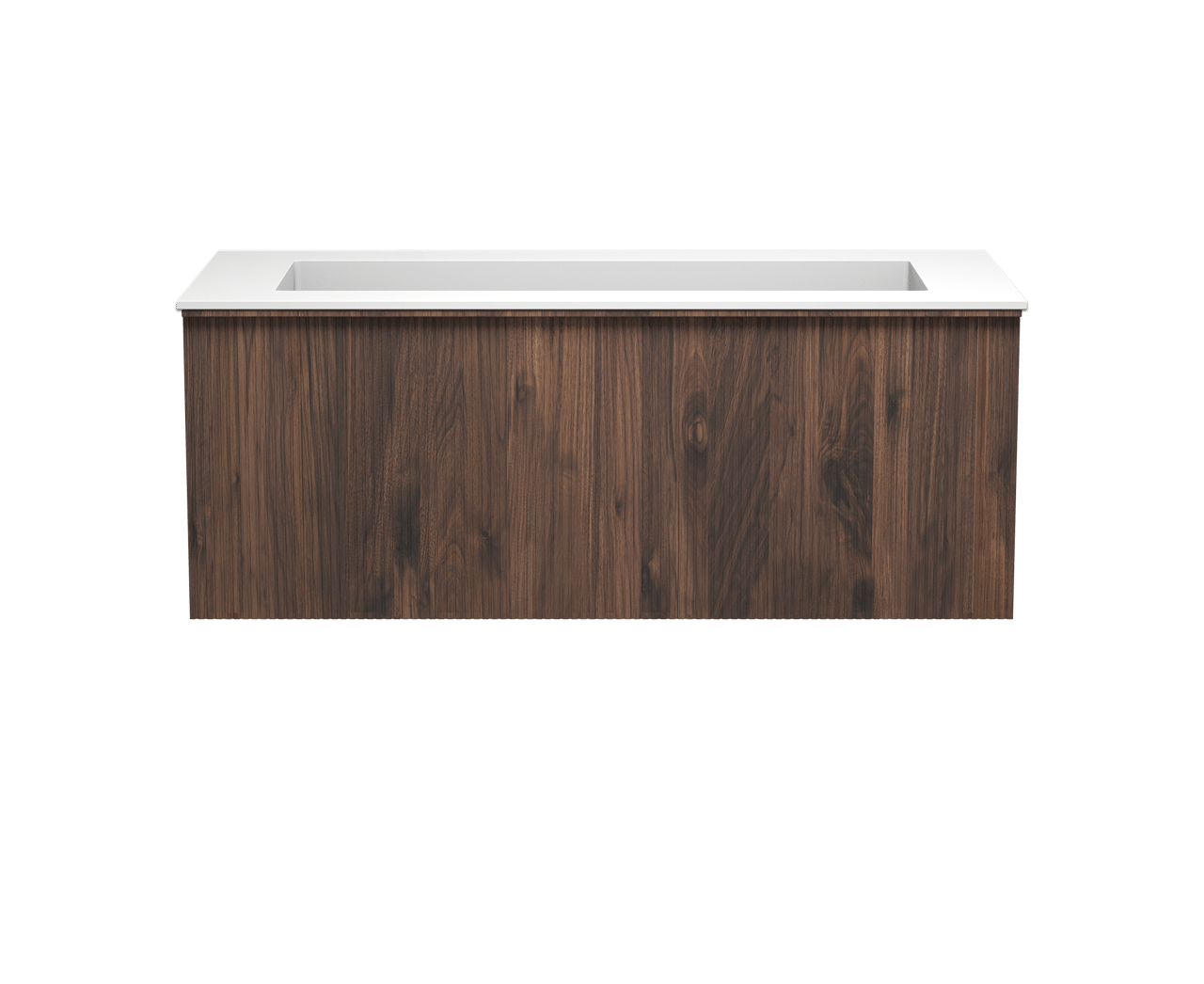 Balmani Forma zwevend badkamermeubel 120 x 55 cm amerikaanse notelaar met Tablo Stretto enkele wastafel voor 2 kraangaten in solid surface mat wit, Verticale symmetrische rechte ribbel