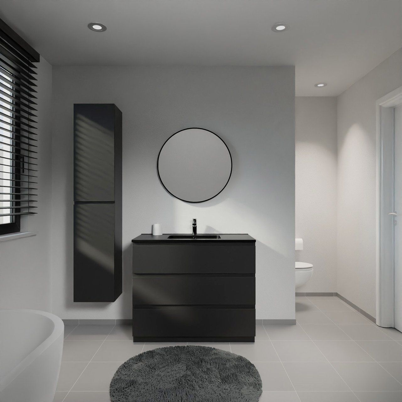 Linie Lado staand badkamermeubel 100 x 46 cm mat zwart met Vano enkele wastafel in composietmarmer mat zwart