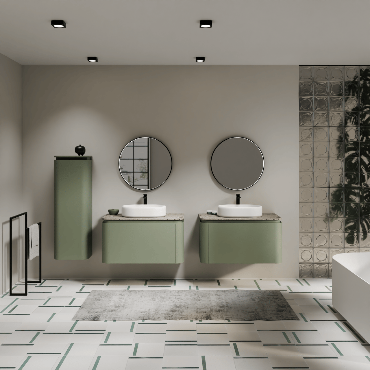 Balmani Moon hängendes Möbelstück Set: 100 x 55 cm, Salbeigrün, mit Moon Einzel Waschtischplatte, Terrazzo in Greige