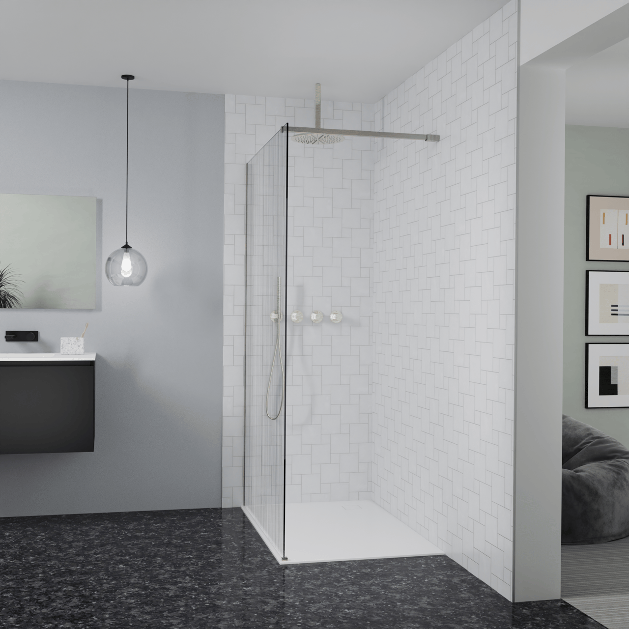 Balmani Modular Walk-In Dusche: 120 x 200 cm, Mikado, inklusive Coating, Profil Brushed CoolMetal
