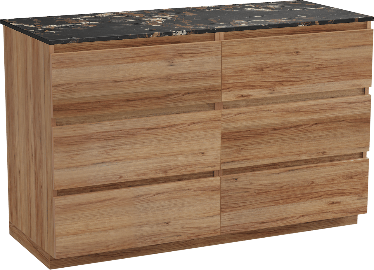 Balmani Lucida staand badkamermeubel 135 x 55 cm teak met Stretto enkel of dubbel tablet in marmer portoro gold