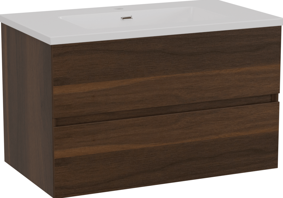 Storke Edge zwevend badmeubel 80 x 46 cm notenhout met Diva enkele wastafel in composietmarmer hoogglans wit