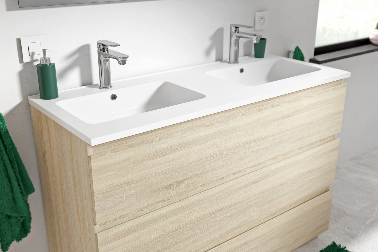 Linie Lado meuble sous-vasque a poser 120 x 46 cm chêne blanc 3 tiroirs 2 découpés de siphon