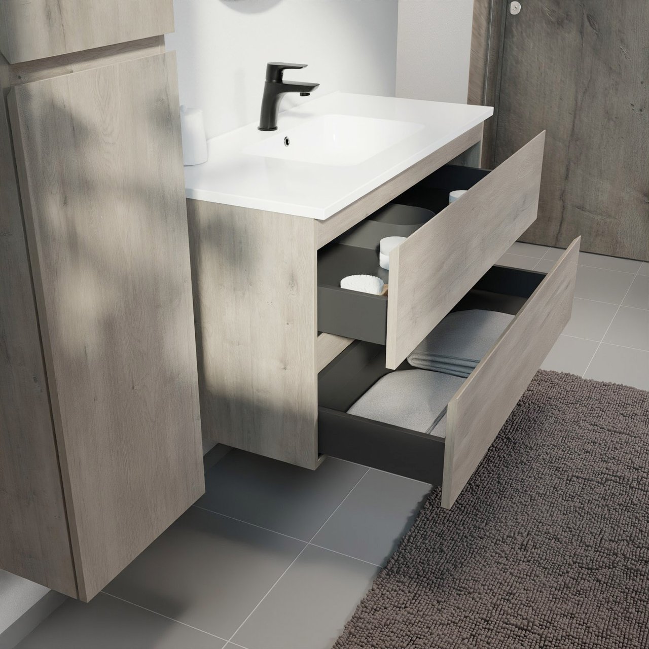 Linie Lado hängendes Möbelstück Set: 100 x 46 cm, Graue Eiche, mit Vano Einzelwaschtisch, Marmorkomposit Weiß glänzend