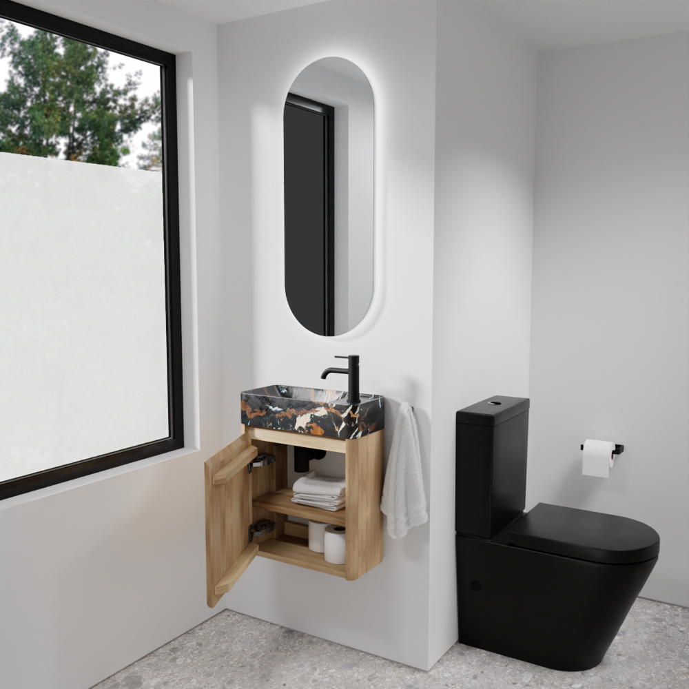 Balmani Fara zwevend toiletmeubel 45 x 22 cm natuur eik met Fara wastafel in Portoro Gold marmer