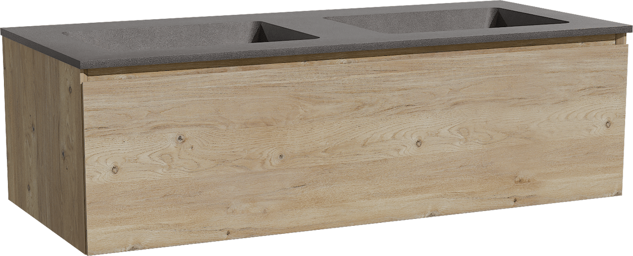 Storke Edge zwevend badmeubel 120 x 52 cm ruw eiken met Scuro dubbele wastafel in kwarts mat zwart