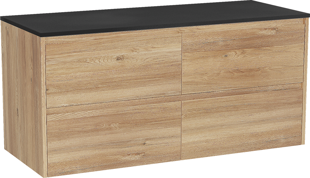 Storke Seda zwevend badmeubel 130 x 52 cm ruw eiken met Panton enkel of dubbel wastafelblad in gepoedercoate mdf mat zwart