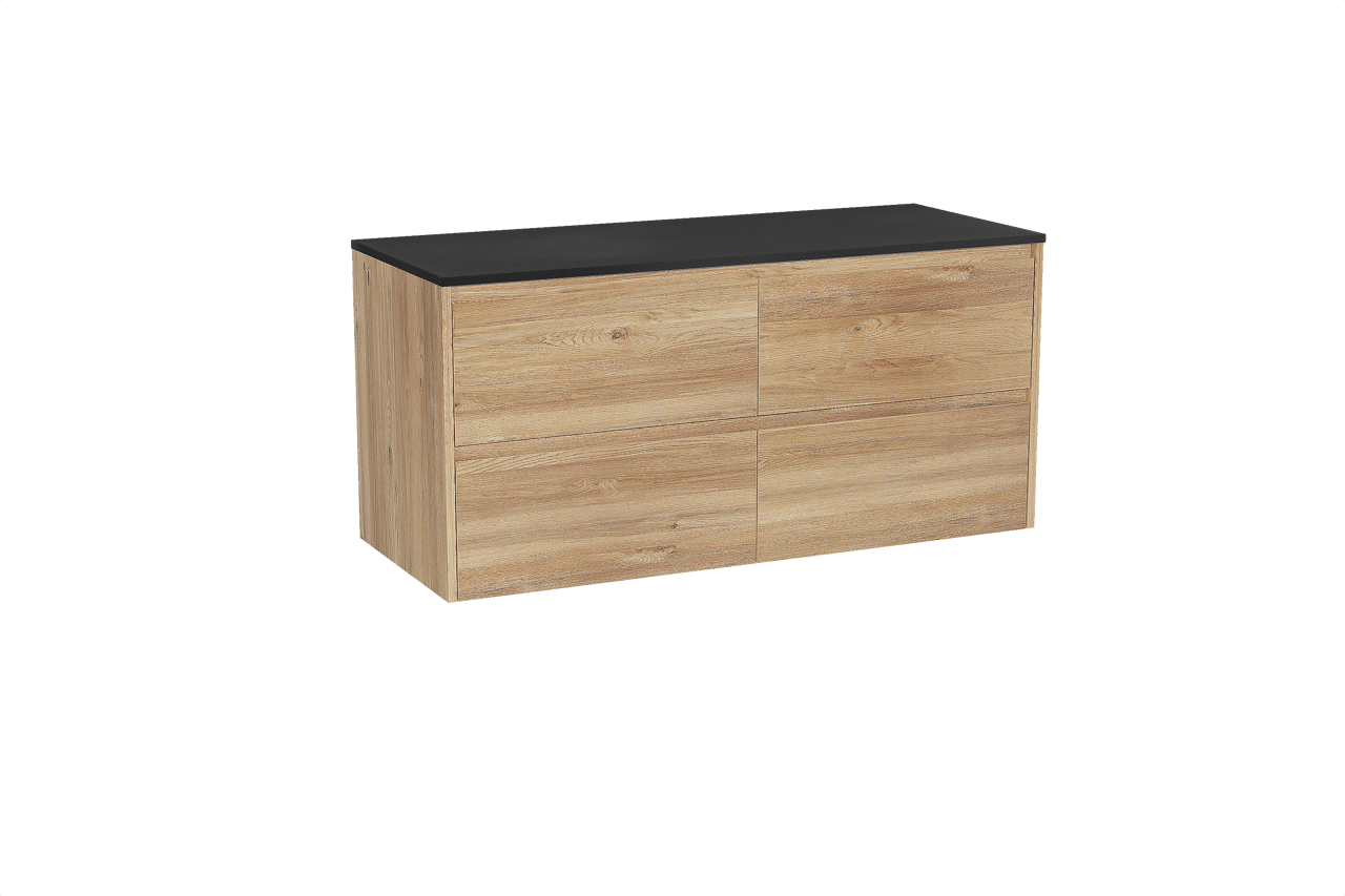 Storke Seda hängendes Möbelstück Set: 130 x 52 cm, Rohe Eiche, mit Panton Einzel- oder Doppel Waschtischplatte, Pulverbeschichtetes MDF Schwarz matt