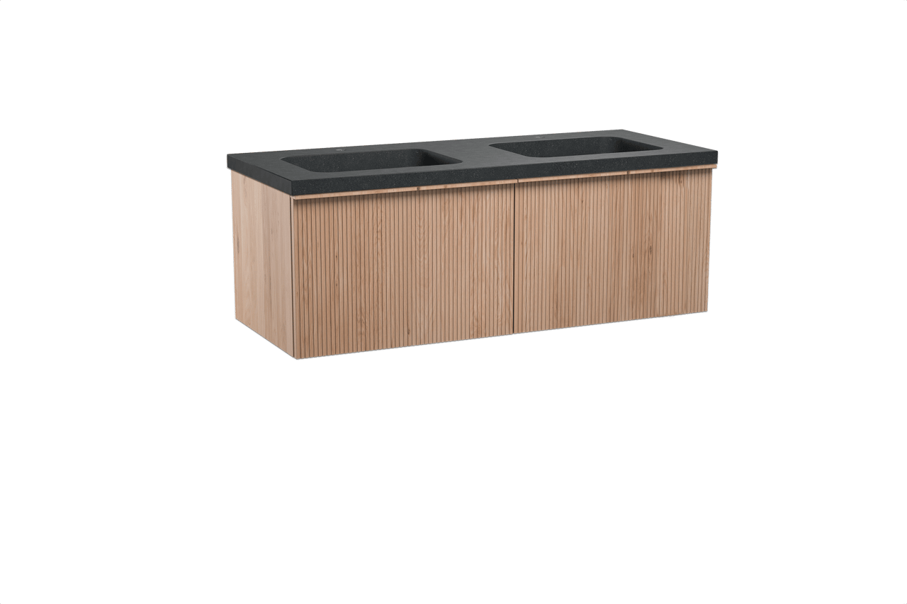 Balmani Forma zwevend badkamermeubel 135 x 55 cm natuur eik met Napoli dubbele wastafel in graniet zwart, Verticale symmetrische rechte ribbel
