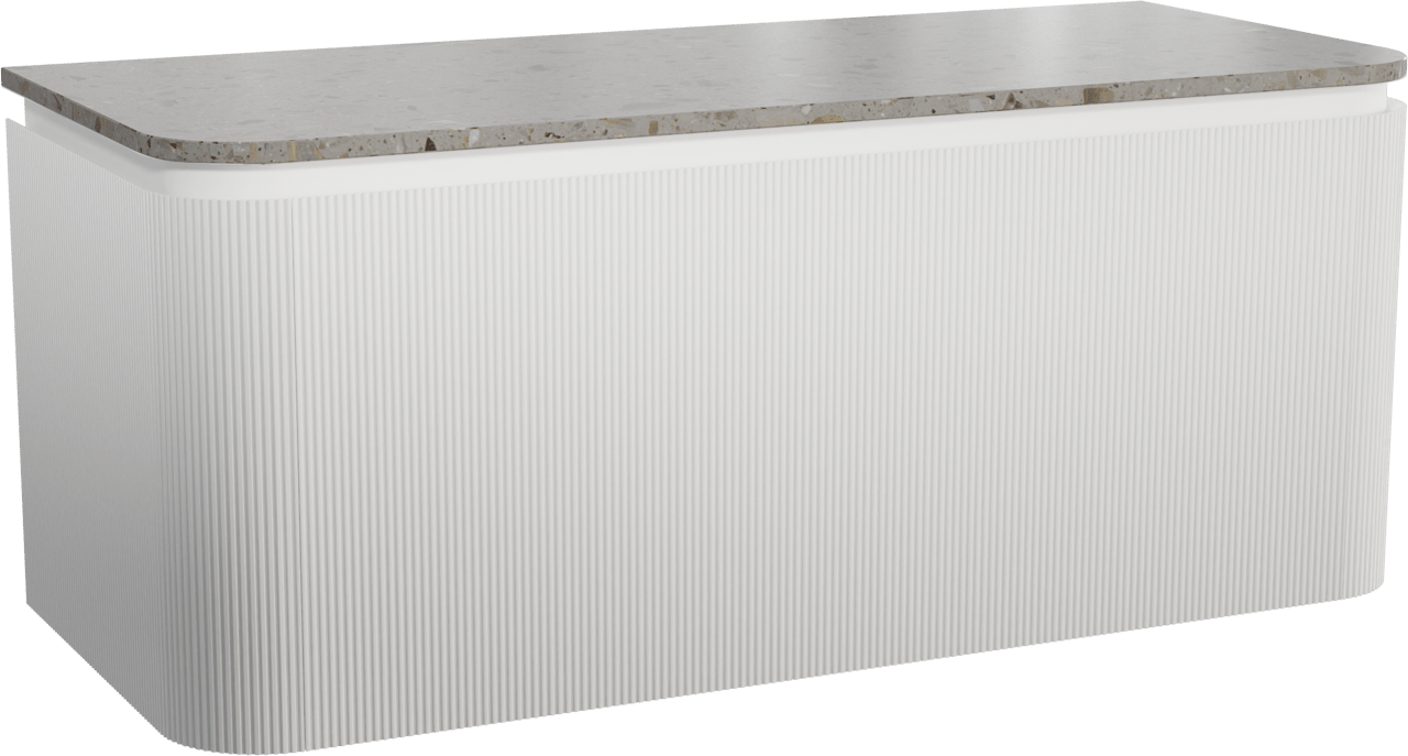 Balmani Moon meuble salle de bains suspendu 130 x 55 cm blanc mat avec Moon tablette simple ou double en terrazzo greige terrazzo, Nervure droite symétrique verticale