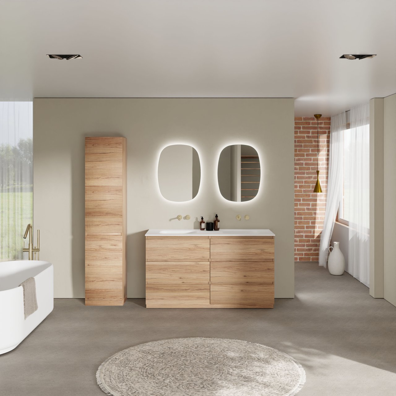 Balmani Lucida staand badkamermeubel 150 x 55 cm teak met Tablo Arcato dubbele wastafel in solid surface mat wit