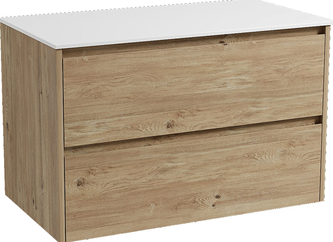 Storke Seda zwevend badmeubel 95 x 52 cm ruw eiken met Tavola enkel wastafelblad in solid surface mat wit