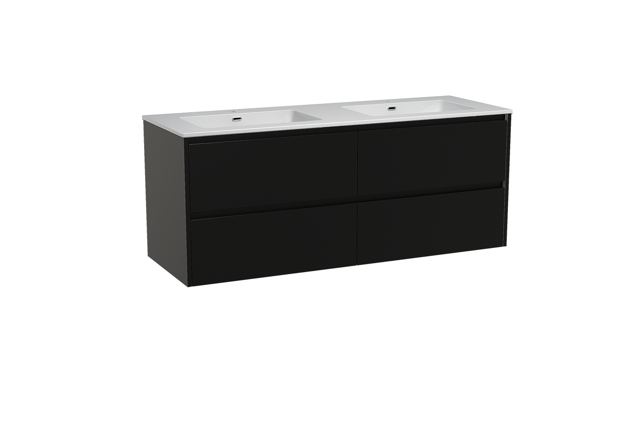 Storke Seda meuble salle de bains suspendu 150 x 52 cm noir mat avec Diva double vasque en marbre composite blanc brillant