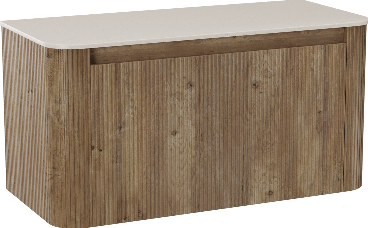 Storke Soft meuble salle de bains suspendu 100 x 46 cm chêne brut avec Tavola Soft tablette simple en Solid Surface beige granite, Nervure droite symétrique verticale