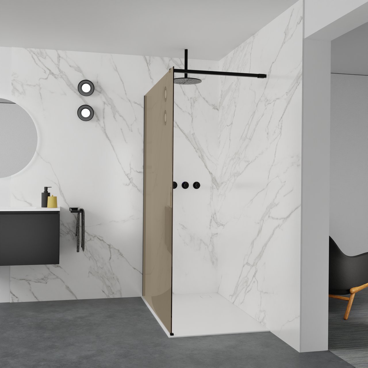 Balmani Modular Walk-In Dusche: 140 x 200 cm, Bronze Glas, inklusive Coating, Profil Schwarz matt