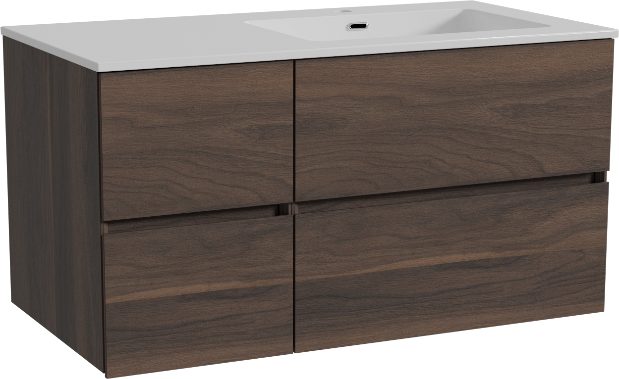 Storke Edge meuble salle de bains suspendu 100 x 52 cm noyer avec Diva vasque asymétrique droite en marbre composite blanc brillant