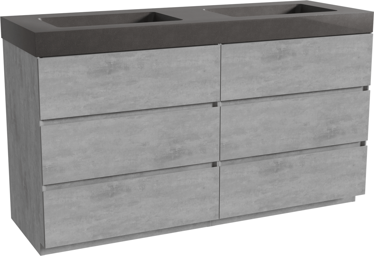 Storke Edge staand badkamermeubel 150 x 52 cm beton donkergrijs met Scuro High dubbele wastafel in kwarts mat zwart