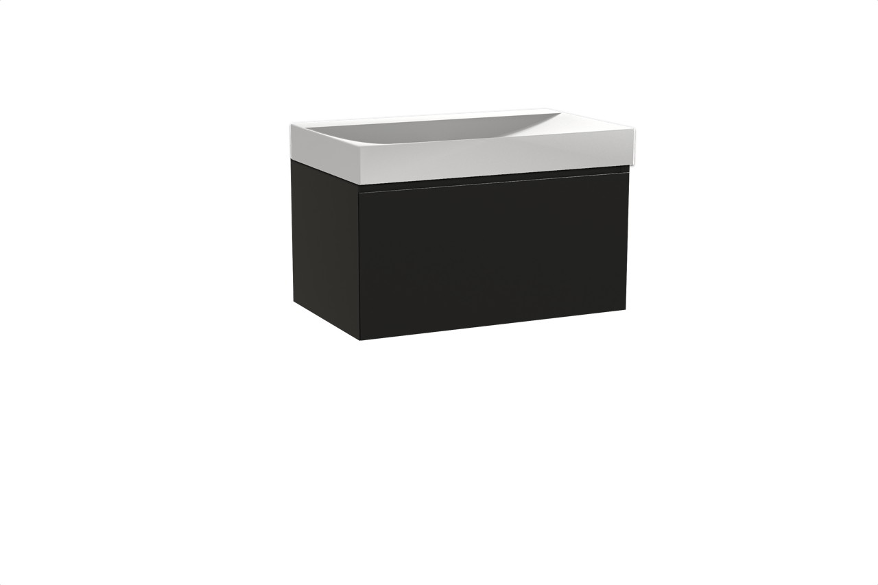 Balmani Idra zwevend badkamermeubel 90 x 55 cm mat zwart met Wave enkele wastafel in solid surface mat wit