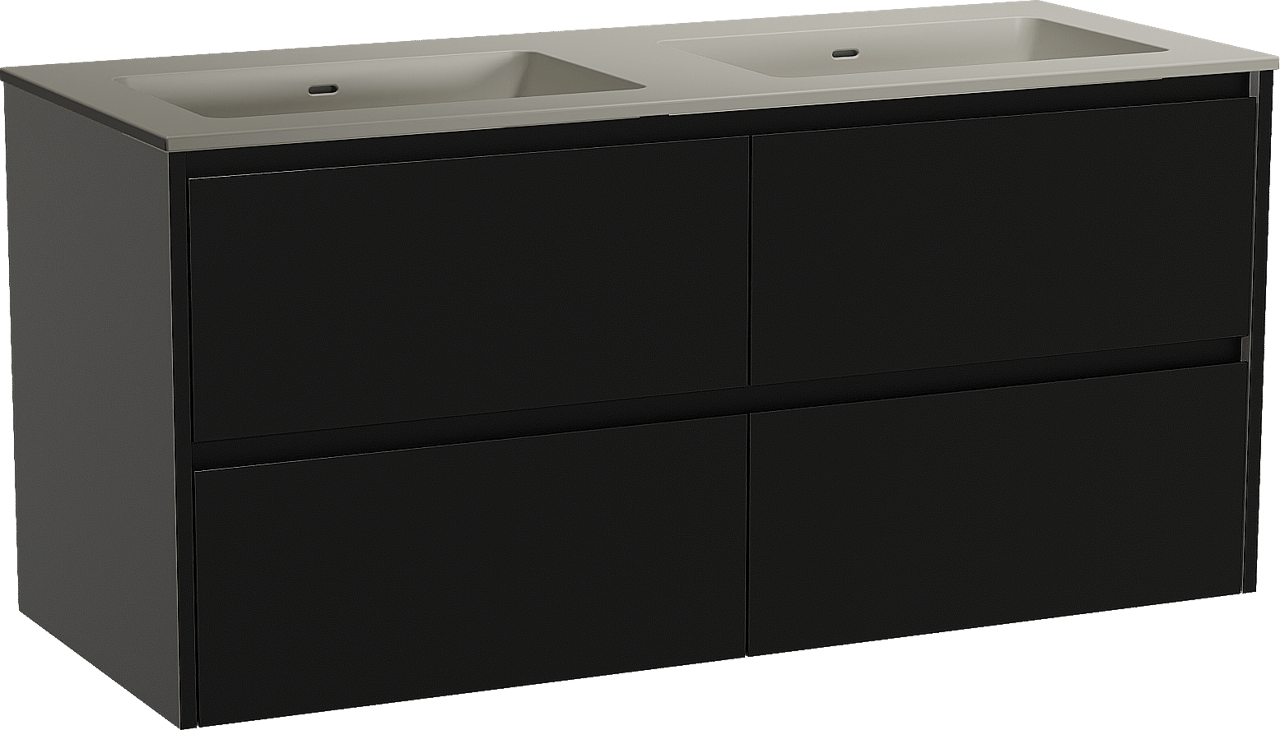 Storke Seda zwevend badmeubel 130 x 52 cm mat zwart met Diva dubbele wastafel in top solid zijdegrijs