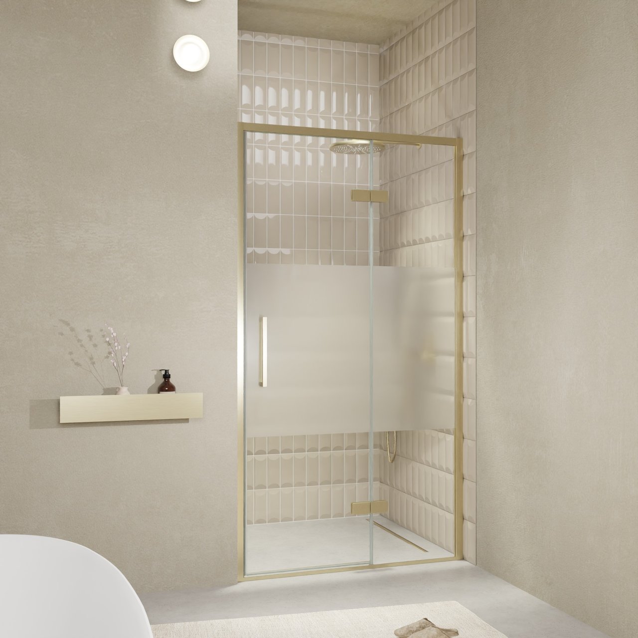 Balmani Senses Design Dusche Drehtür, Rechts, 120 cm x 210 cm, Klarglas mit mattiertem Streifen, Profil Brushed Champagner Gold