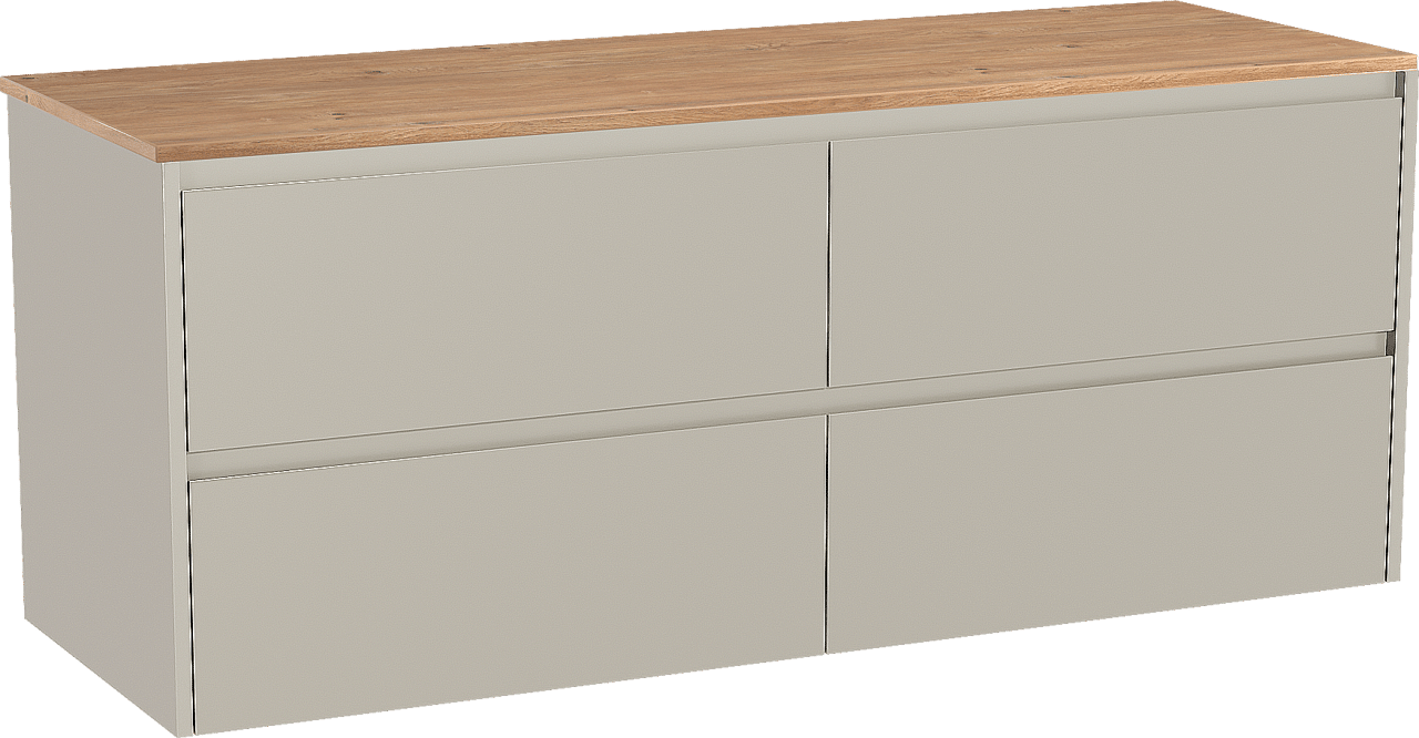 Storke Seda zwevend badmeubel 150 x 52 cm zijdegrijs met Panton enkel of dubbel wastafelblad in melamine ruw eiken