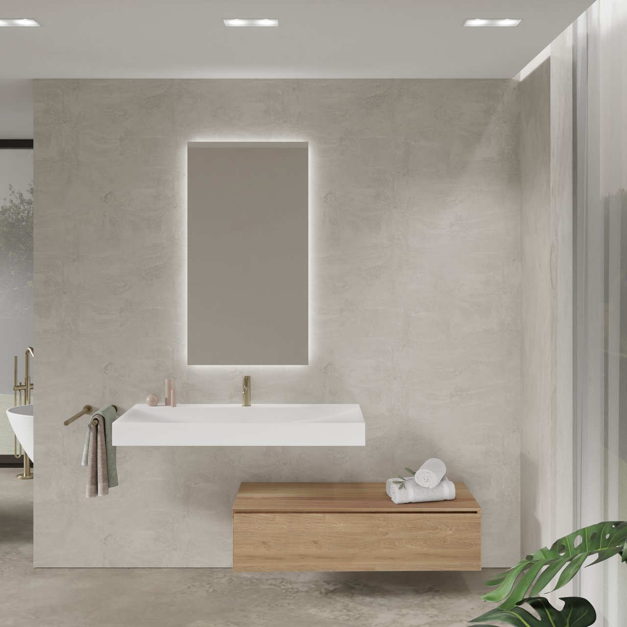 Balmani Mitra Elements zwevend badmeubel 120 x 55 cm naturel eiken met Wave enkele wastafel voor 2 kraangaten in solid surface mat wit en Giro badkamerspiegel