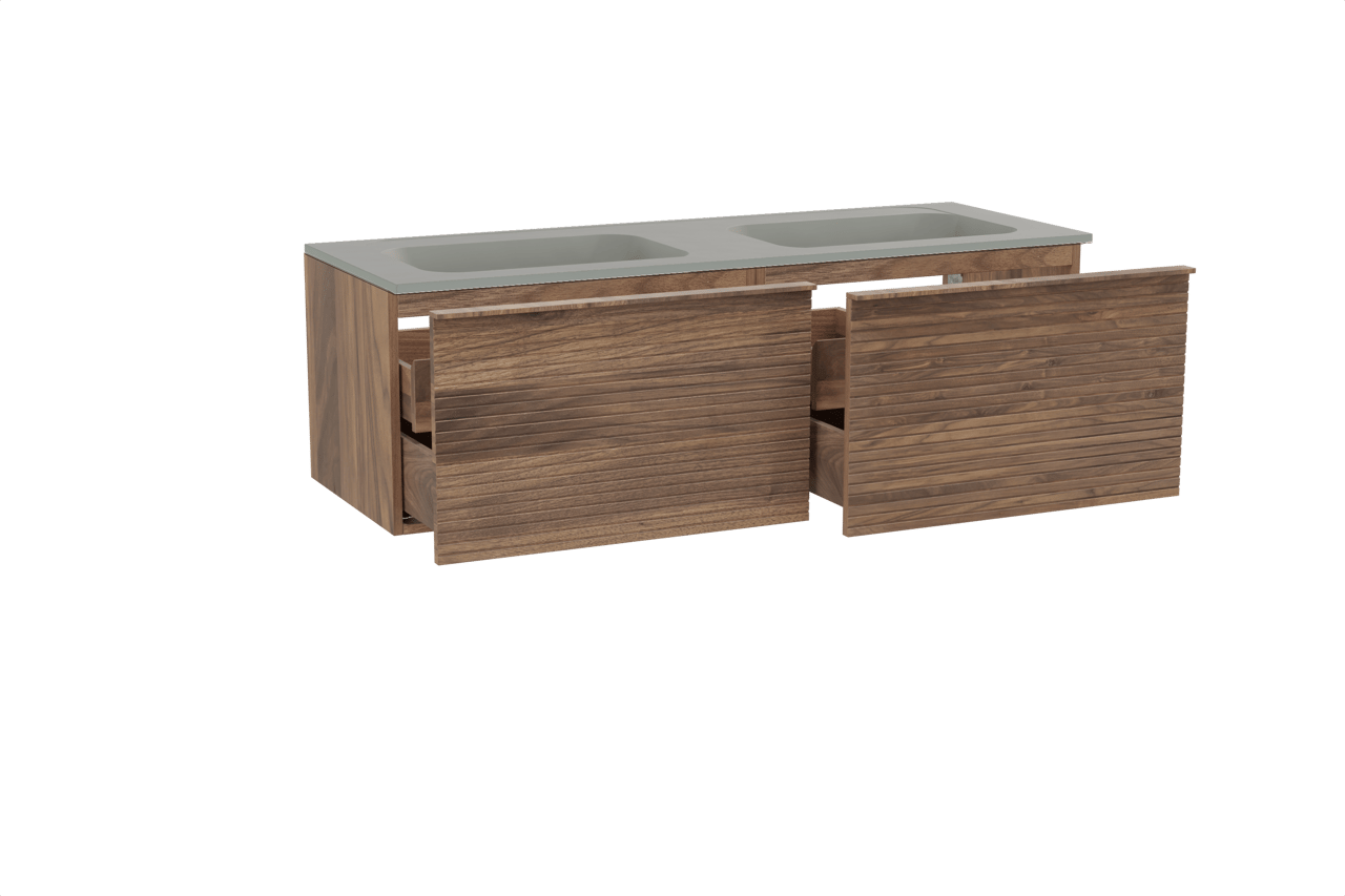 Balmani Forma meuble salle de bains suspendu 150 x 55 cm noyer américain avec Tablo Strada double vasque en marbre composite soie grise, Nervure droite symétrique horizontale