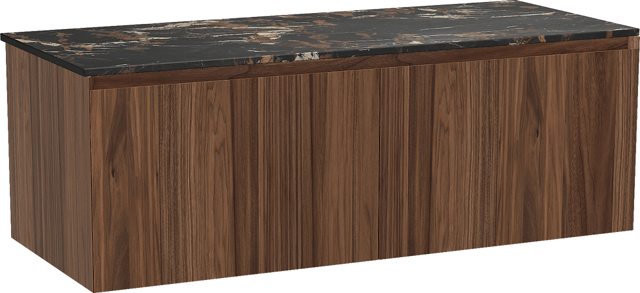 Balmani Idra hängendes Möbelstück Set: 135 x 55 cm, Nussbaum, mit Stretto Einzel- oder Doppel Waschtischplatte, Marmor Portoro Gold