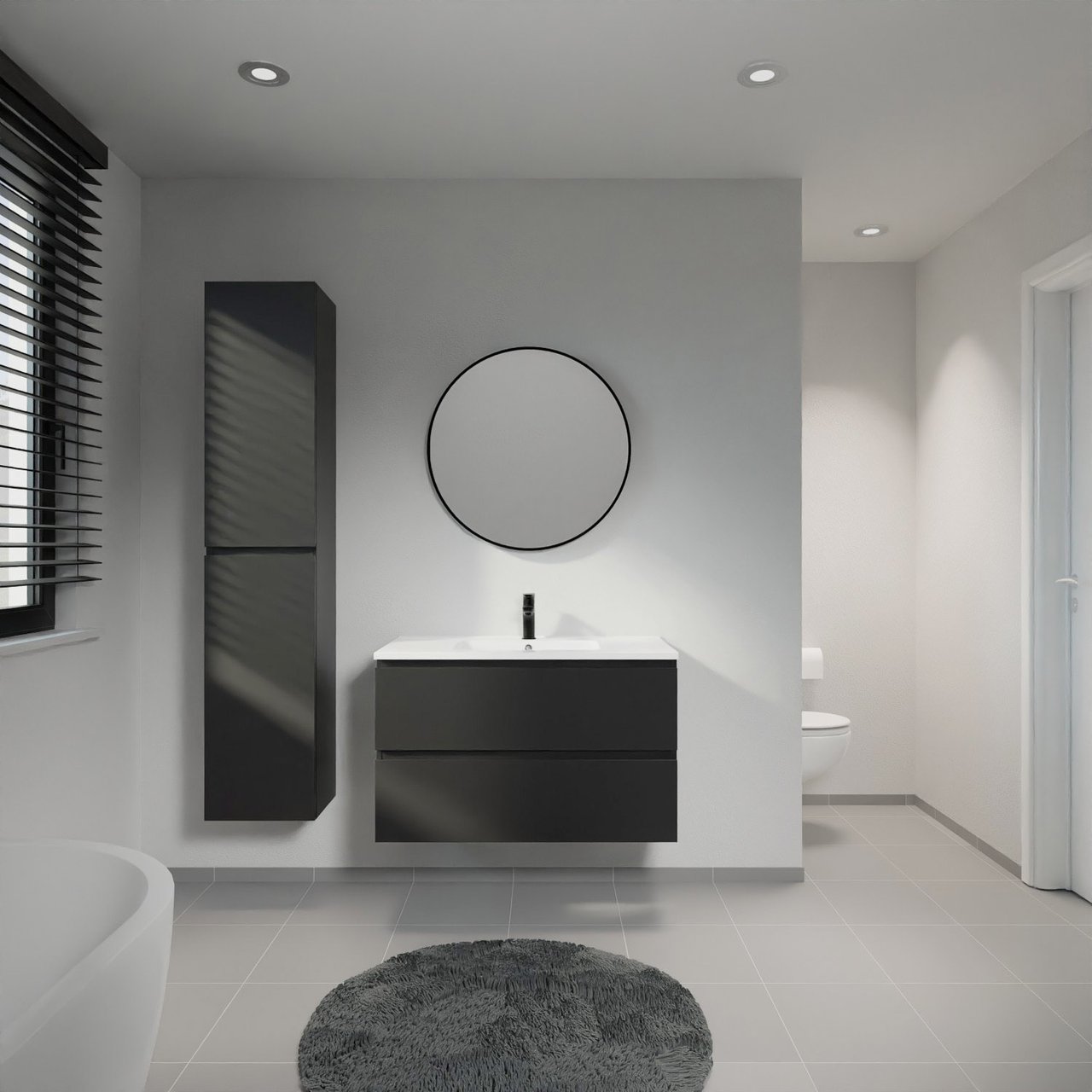 Linie Lado zwevend badkamermeubel 90 x 46 cm mat zwart met Vano enkele wastafel in composietmarmer glanzend wit