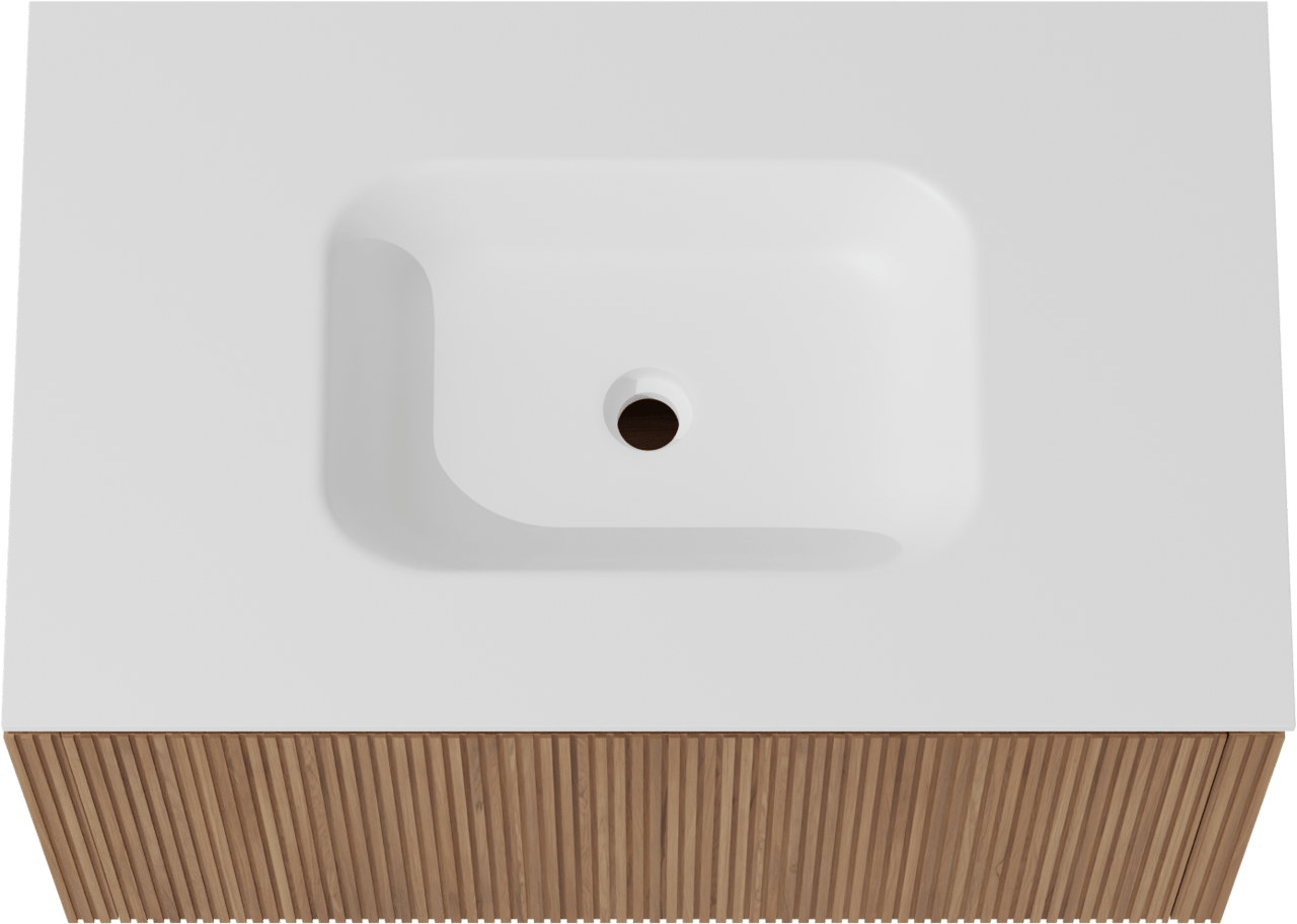 Balmani Eclips meuble salle de bains suspendu 90 x 55 cm Teck avec Tablo Arcato plan simple en Solid Surface blanc mat, Nervure droite symétrique verticale