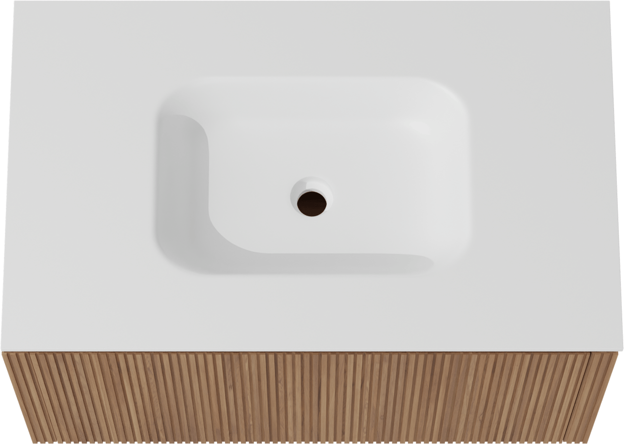 Balmani Eclips zwevend badkamermeubel 90 x 55 cm Teak met Tablo Arcato enkele wastafel in Solid Surface mat wit, Verticale symmetrische rechte ribbel