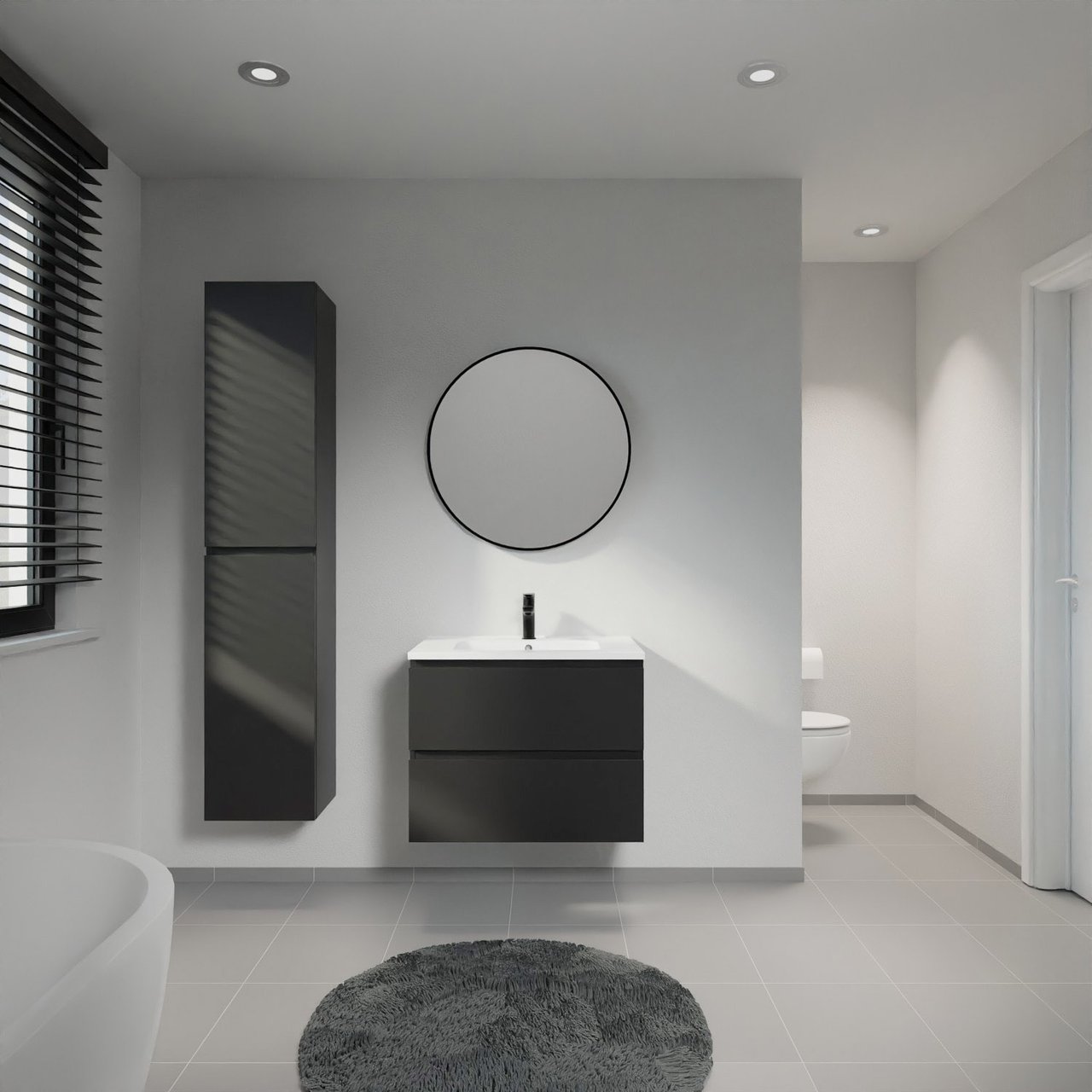 Linie Lado zwevend badkamermeubel 70 x 46 cm mat zwart met Vano enkele wastafel in composietmarmer mat wit