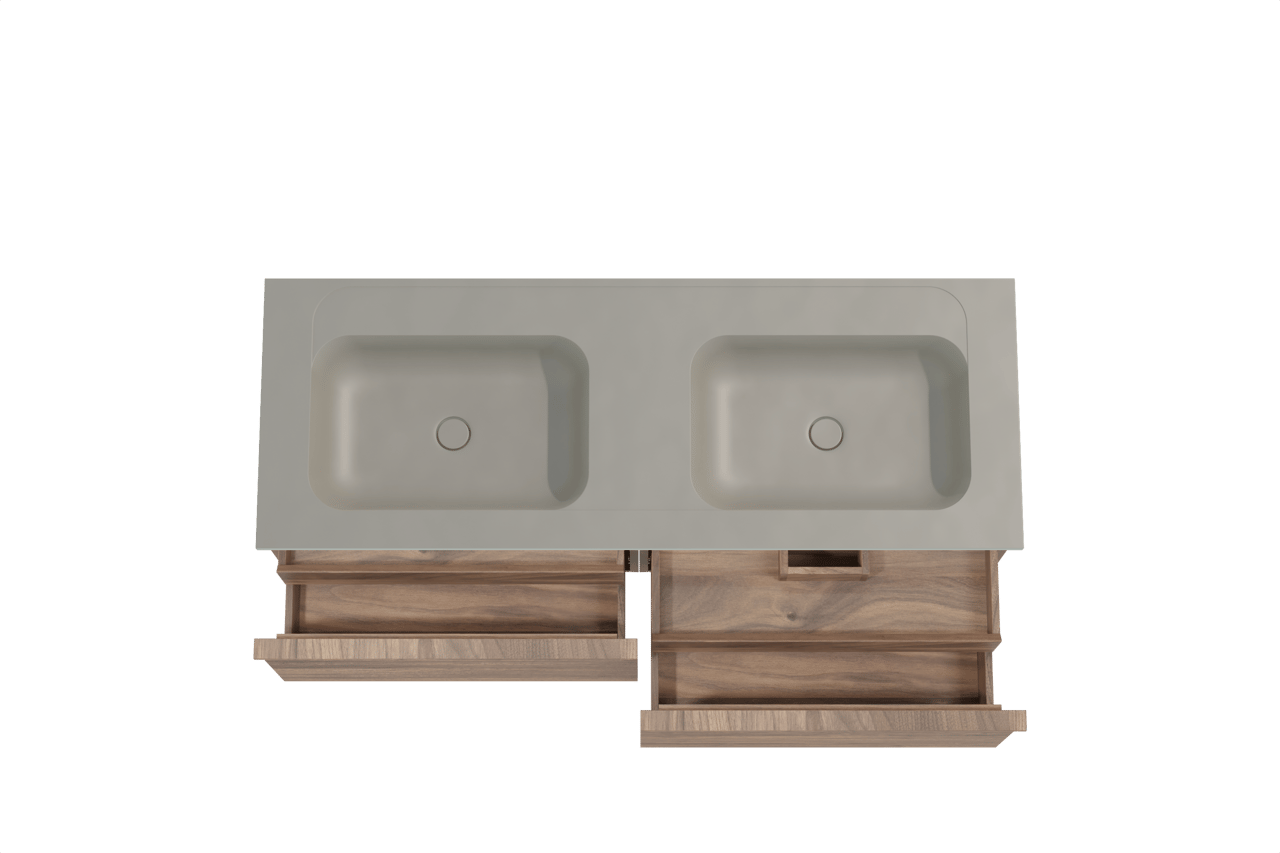 Balmani Forma meuble salle de bains suspendu 150 x 55 cm noyer américain avec Tablo Strada double vasque en marbre composite soie grise, Nervure droite symétrique horizontale