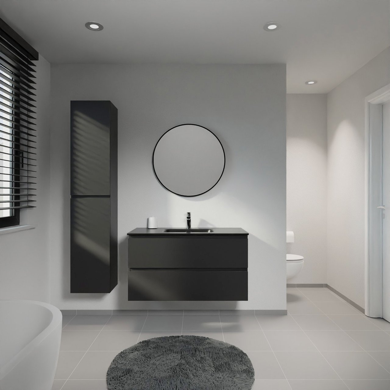 Linie Lado hängendes Möbelstück Set: 100 x 46 cm, Schwarz matt, mit Baro Einzelwaschtisch, Porzellan Schwarz matt