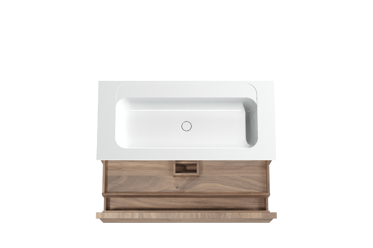 Balmani Forma hängendes Möbelstück Set: 120 x 55 cm, Amerikanischer Nussbaum, mit Tablo Strada Einzelwaschtisch, Marmorkomposit, Weiß glänzend, Horizontale symmetrische gerade Rippe