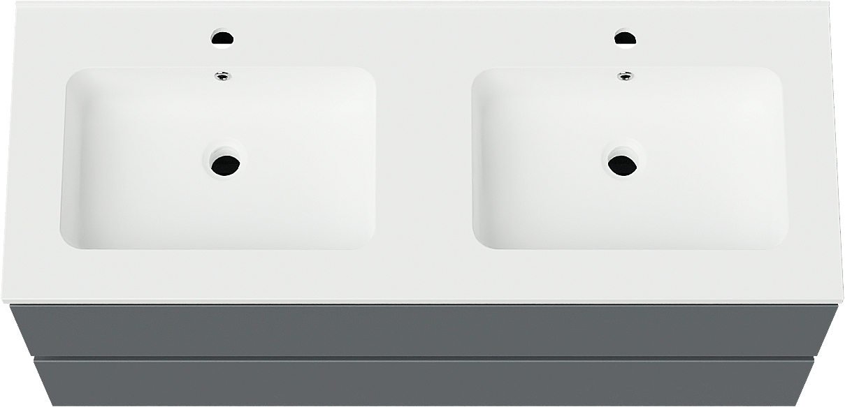 Linie Lado meuble salle de bains suspendu 120 x 46 cm bleu anthracite avec Vano double vasque en marbre composite blanc mat