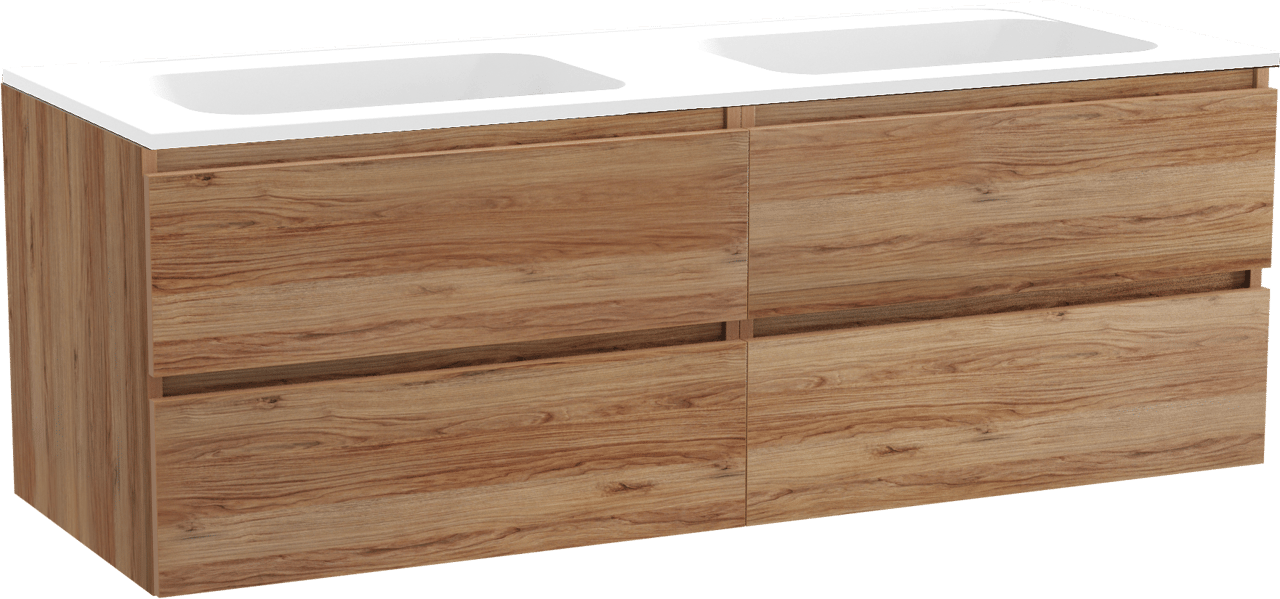 Balmani Lucida meuble salle de bains suspendu 150 x 55 cm teck avec Tablo Strada double vasque en marbre composite blanc mat