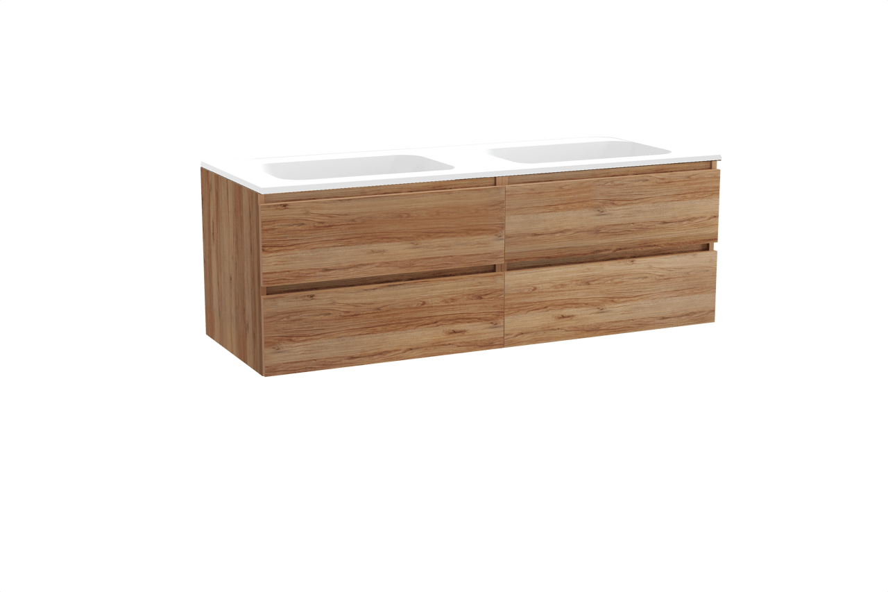 Balmani Lucida meuble salle de bains suspendu 150 x 55 cm teck avec Tablo Strada double vasque en marbre composite blanc mat