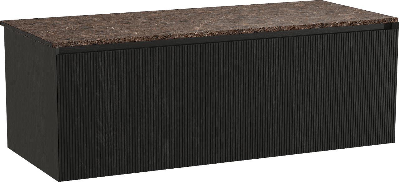 Balmani Fila zwevend badmeubel 135 x 55 cm zwart eiken met Stretto enkel of dubbel wastafelblad in marmer dark emperador, Verticale symmetrische rechte ribbel