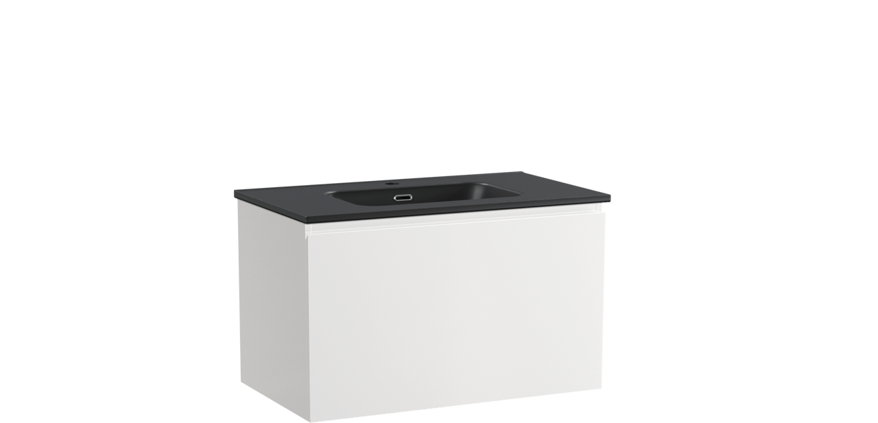 Linie Lado hängendes Möbelstück Set: 80 x 46 cm, Weiß glänzend, mit Baro Einzelwaschtisch, Porzellan Schwarz matt
