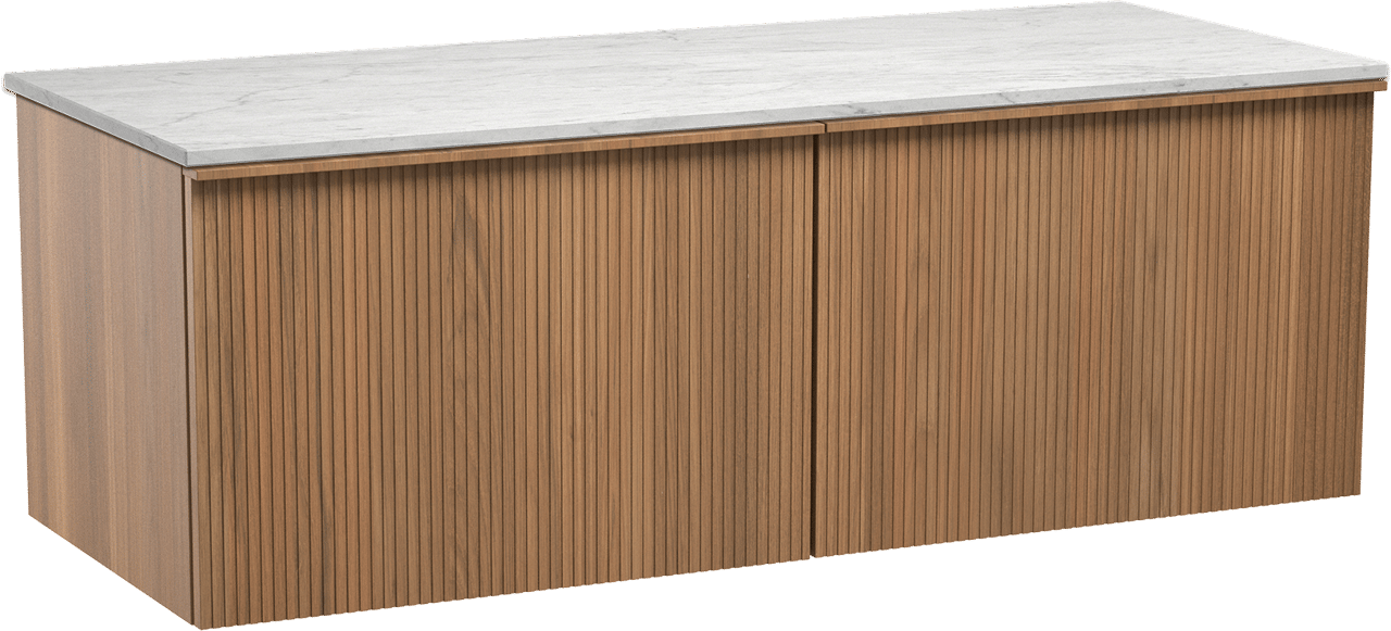 Balmani Forma zwevend badmeubel 135 x 55 cm teakhout met Stretto enkel of dubbel wastafelblad in marmer carrara, Verticale symmetrische rechte ribbel