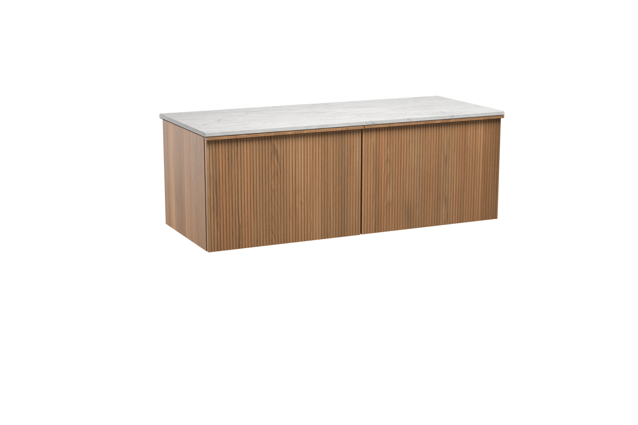 Balmani Forma meuble salle de bains suspendu 135 x 55 cm teck avec Stretto tablette simple ou double en marbre carrara, Nervure droite symétrique verticale