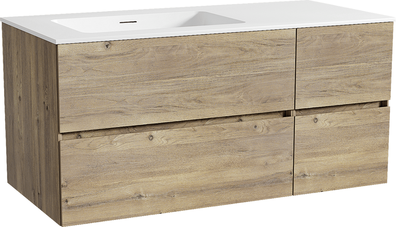 Storke Edge zwevend badkamermeubel 110 x 52 cm ruwe eik met Mata asymmetrisch linkse wastafel in solid surface mat wit